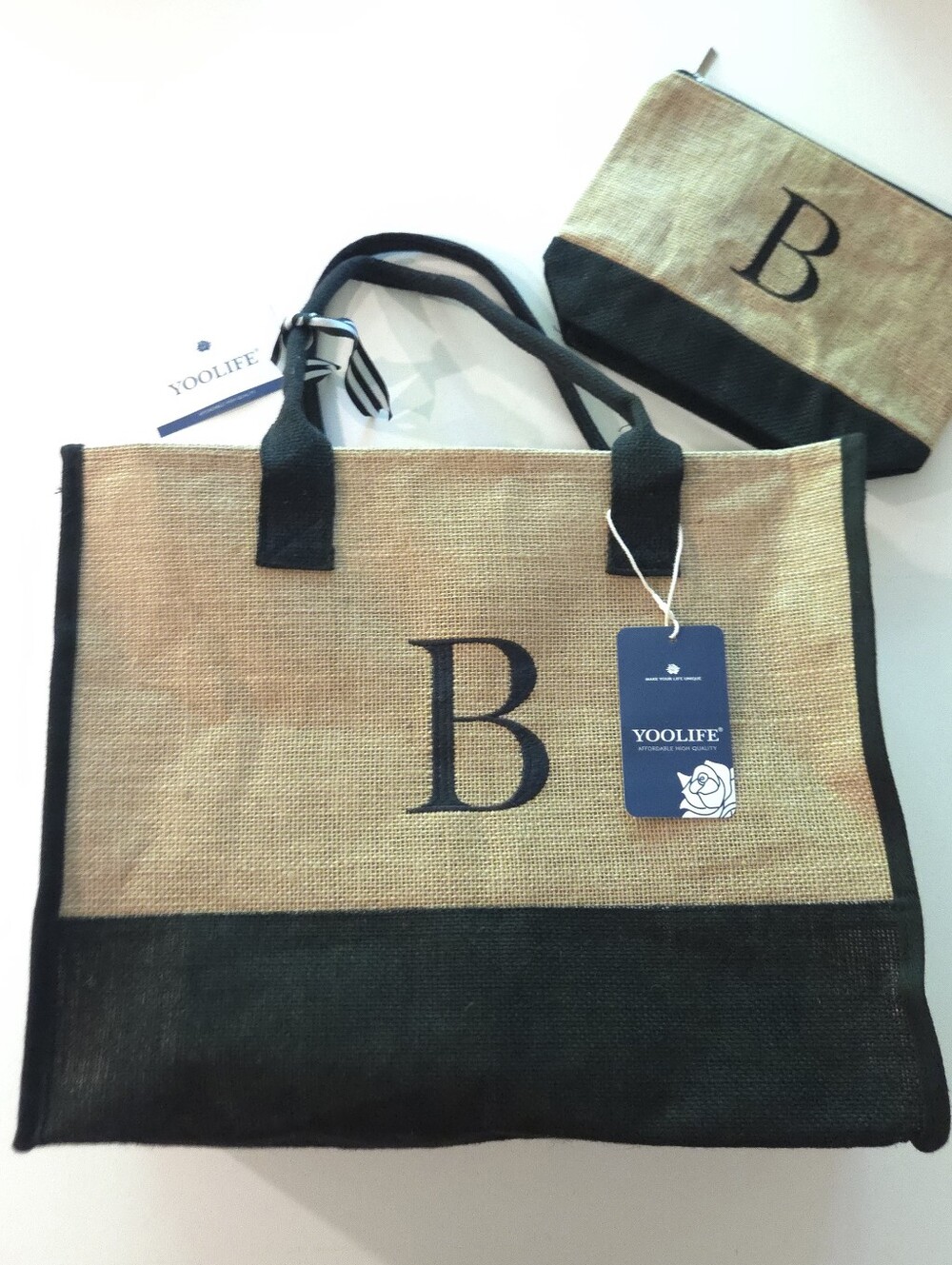 👜 Personalized "B" YOOLIFE Jute Tote Bag + Matching Cosmetic Bag